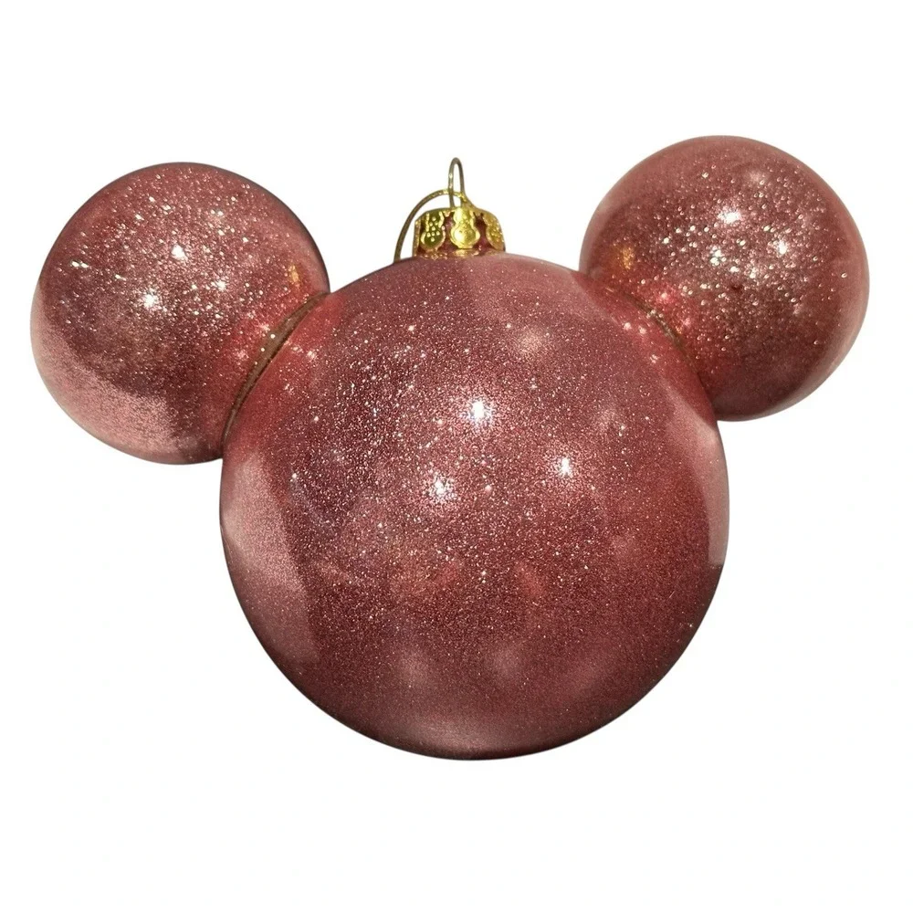 RARE‎ Disney Parks Mickey Icon Ears Glittery Glitter Glass Ball Pink Ornament